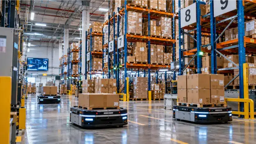 Logística 4.0: cómo la tecnología está transformando el transporte y la cadena de suministro 2 Almacén automatizado con robots y sistemas inteligentes de logística