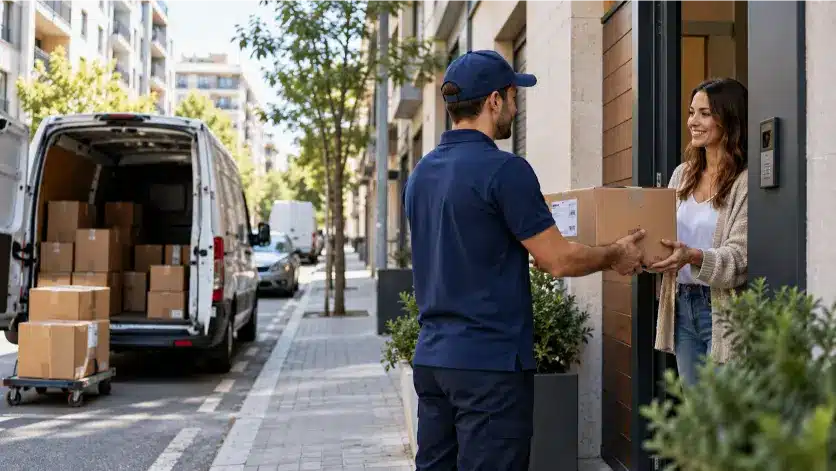 Logística 4.0: cómo la tecnología está transformando el transporte y la cadena de suministro 3 Repartidor entregando un paquete a un cliente junto a una furgoneta