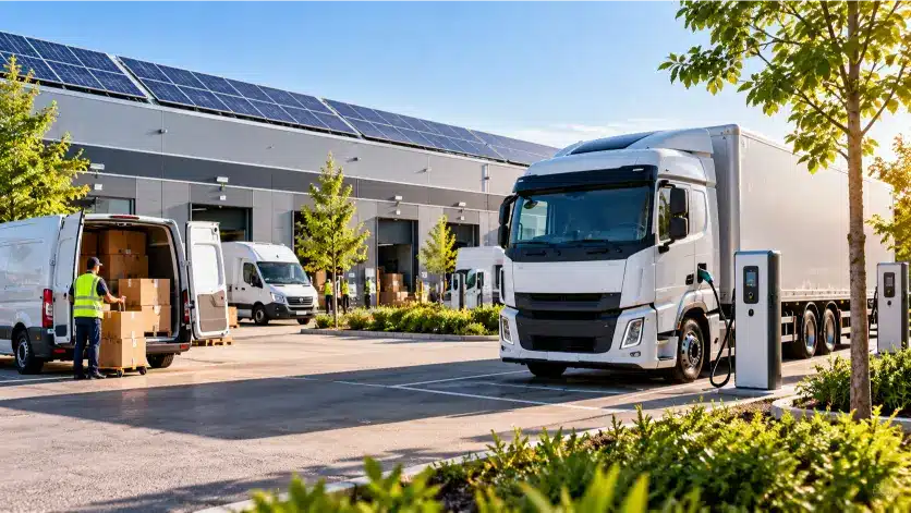 Logística 4.0: cómo la tecnología está transformando el transporte y la cadena de suministro 4 Centro logístico con camiones eléctricos, paneles solares y vehículos de reparto