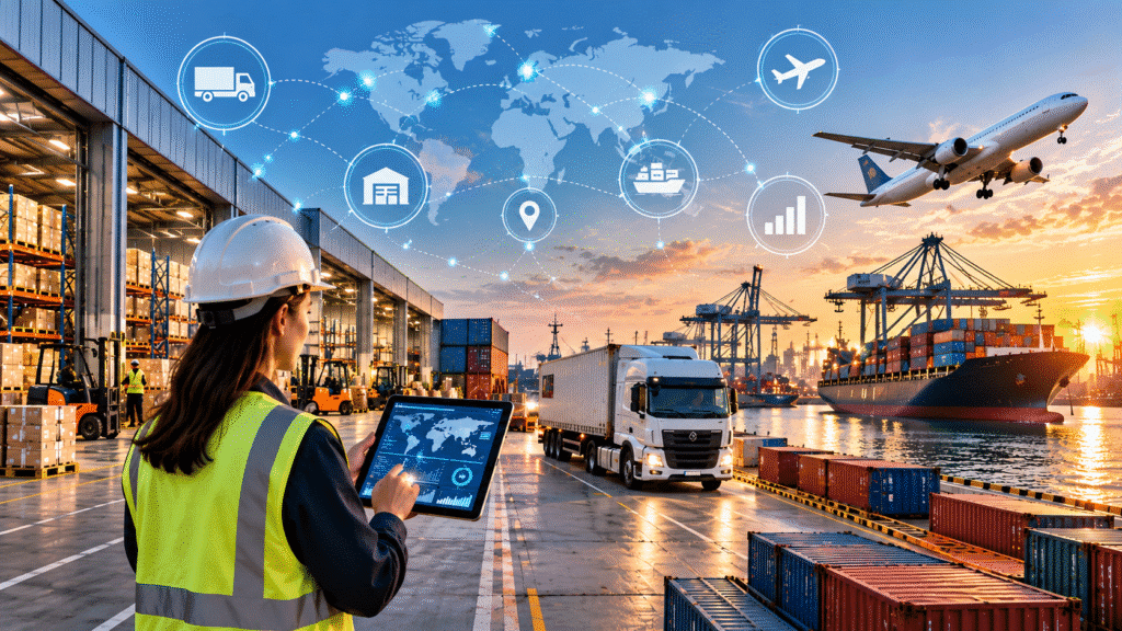 Centro logístico con almacén, camión, barco y avión conectados mediante tecnología digital