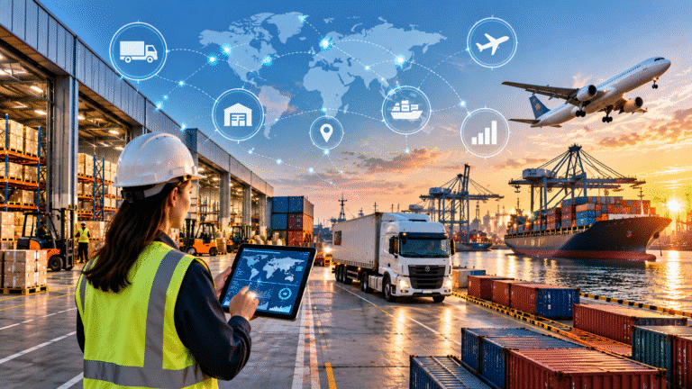 Centro logístico con almacén, camión, barco y avión conectados mediante tecnología digital