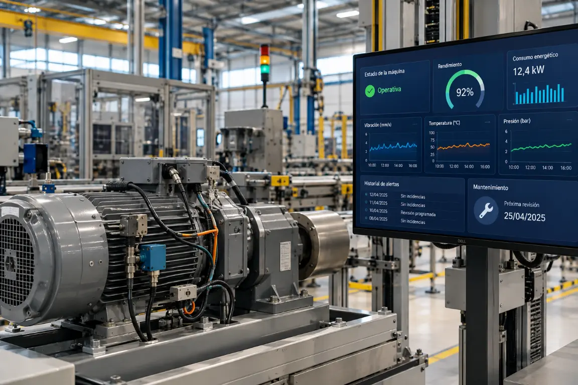 Mantenimiento predictivo: cómo la inteligencia artificial evita averías en la industria 2 Máquina industrial con sensores y sistema de monitorización para mantenimiento predictivo