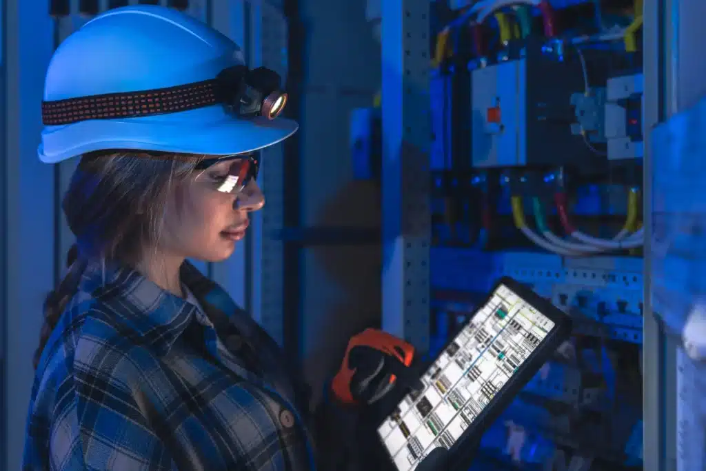 Mantenimiento predictivo: cómo la inteligencia artificial evita averías en la industria 5 Técnica industrial con casco y gafas de protección revisando una instalación mediante una tablet