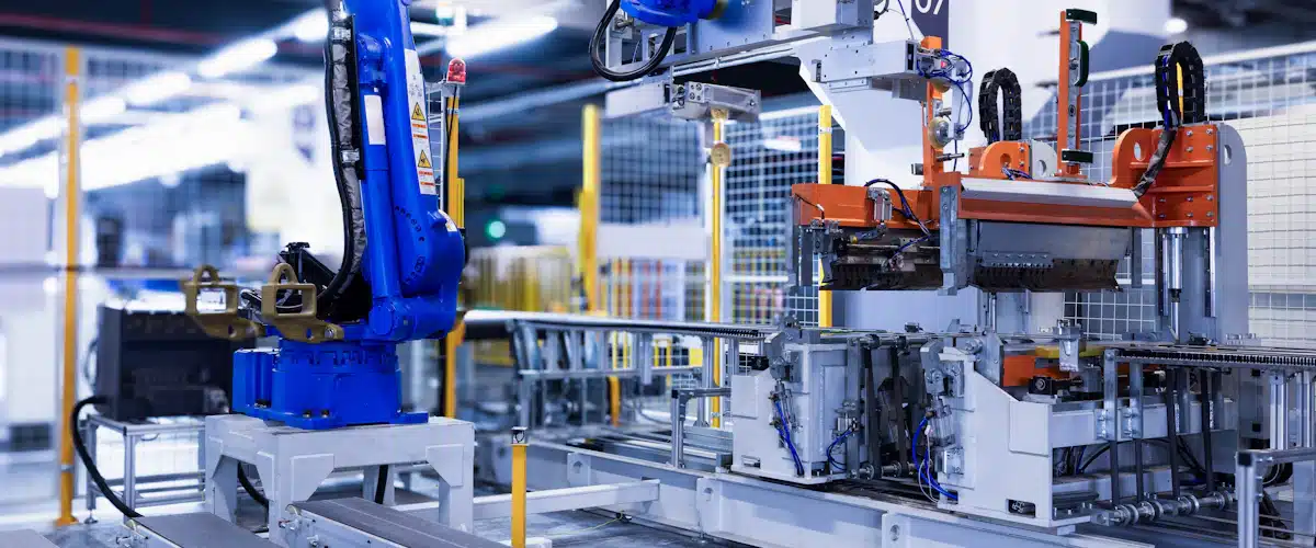 Automatización industrial: qué es y cómo conectar una fábrica 8 Brazo robótico azul manipulando piezas dentro de una planta de fabricación