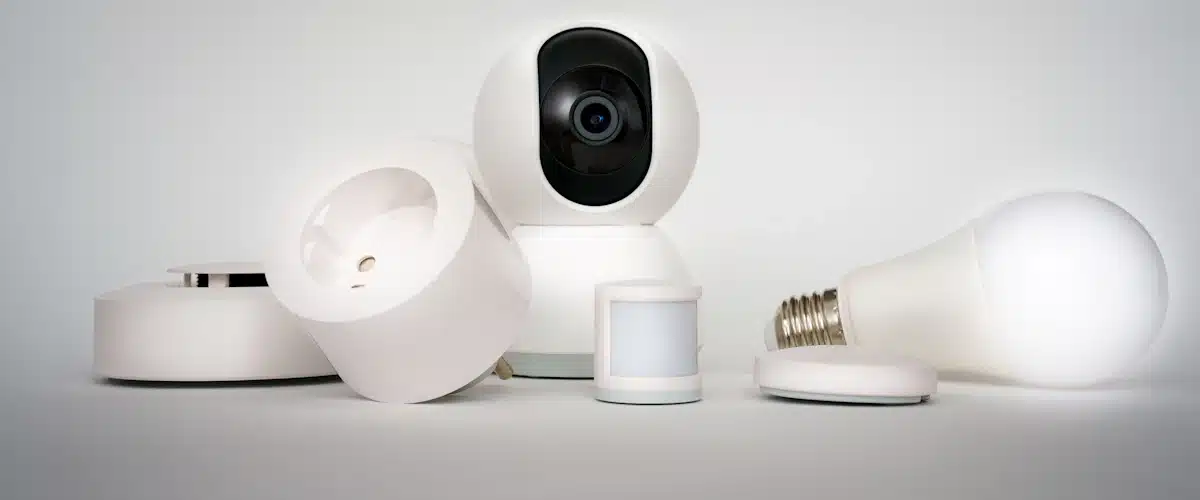 Cámaras y dispositivos inteligentes de seguridad doméstica dispuestos sobre una mesa