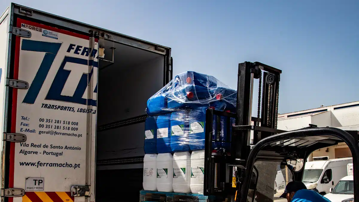 Comercio internacional: cómo funciona y qué oportunidades ofrece a las empresas 4 Carretilla elevadora colocando palés de mercancías en un camión de reparto