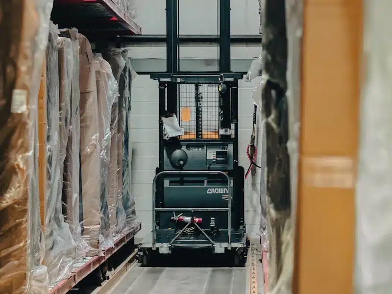 Carretilla y estanterías con cajas organizadas en un almacén logístico