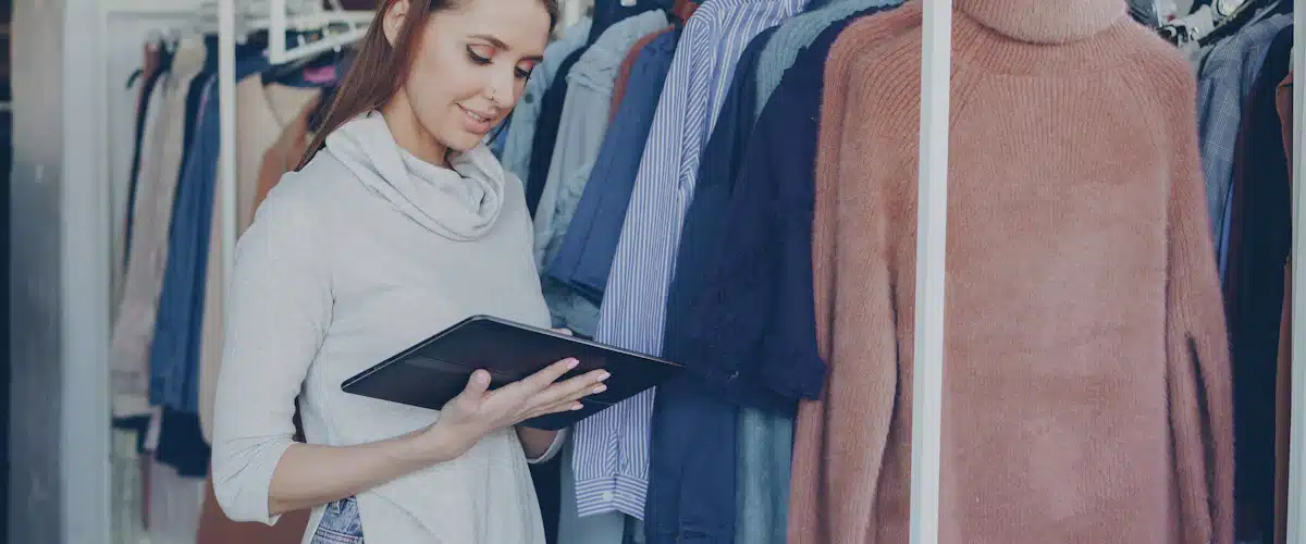 Comerciante revisa prendas y existencias en su tienda con tableta