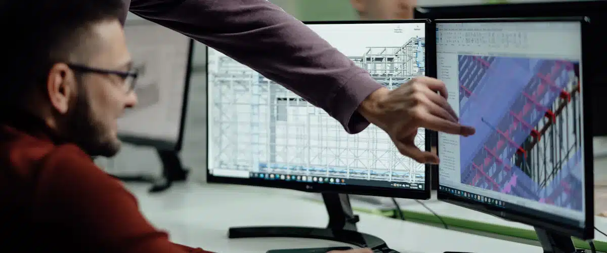 Oficina técnica: qué es, funciones y cómo gestionar proyectos 8 Compañeros analizan un diseño digital de construcción en una pantalla compartida