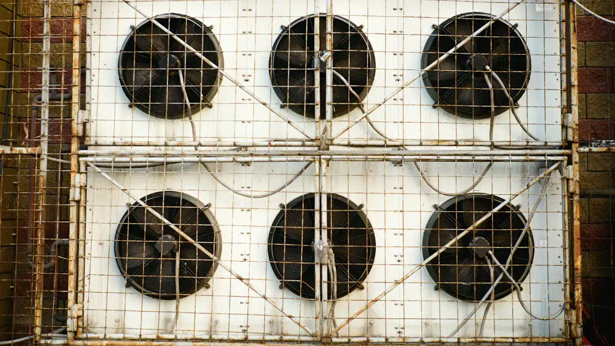 Auditoría energética: qué es y cómo ayuda a reducir el consumo 5 Conjunto de ventiladores industriales montados en una estructura de refrigeración.