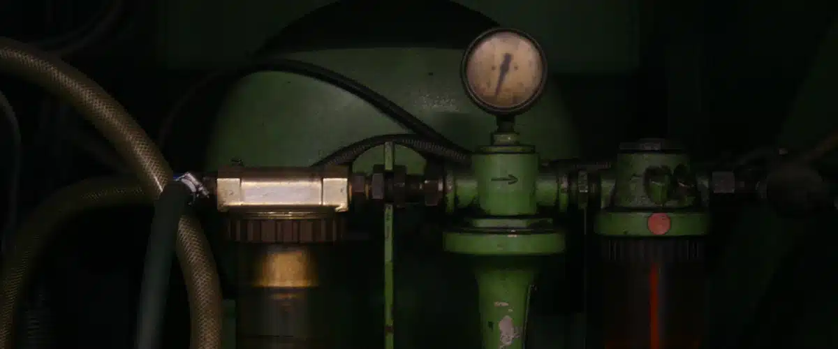 Detalle de manómetros filtros y tuberías en una máquina industrial