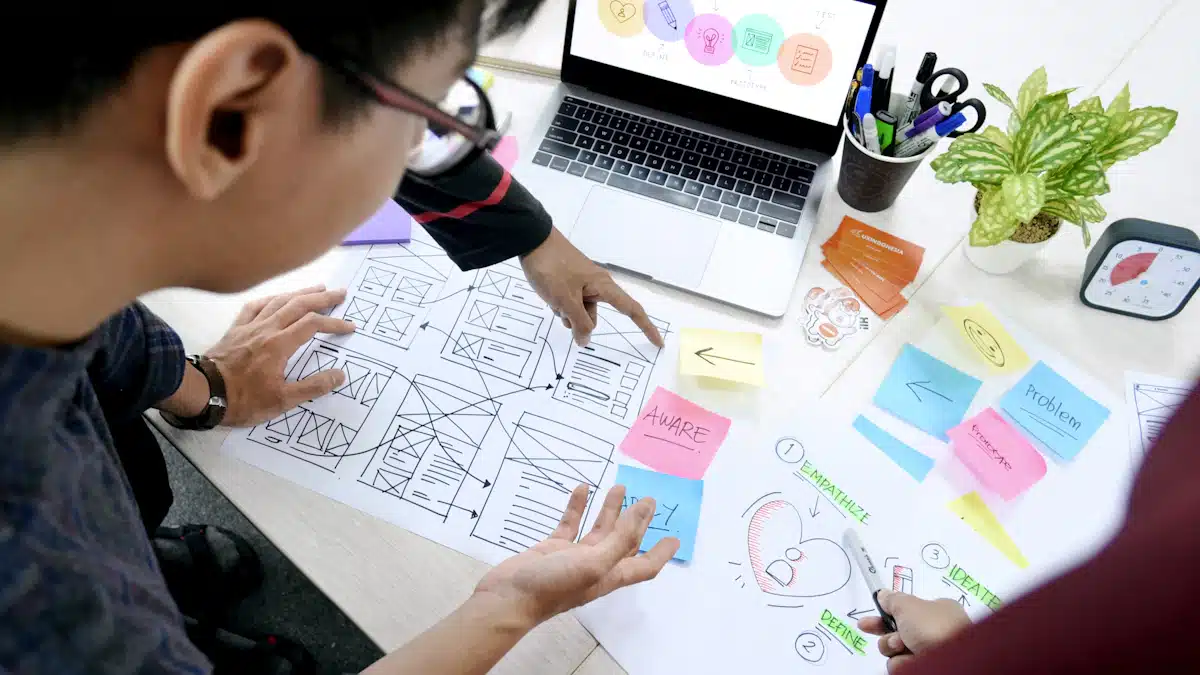 Desarrollo de aplicaciones móviles: fases, tecnologías y costes 4 Diseñador trabajando en bocetos y prototipos de interfaces sobre su escritorio