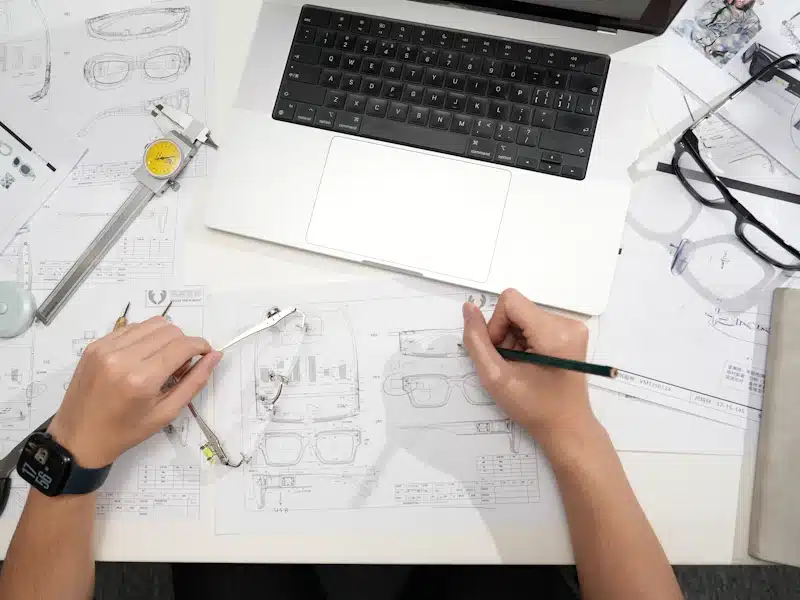 Economía circular: principios y ejemplos de aplicación en las empresas 3 Diseñadora prepara bocetos de gafas junto a herramientas y ordenador portátil