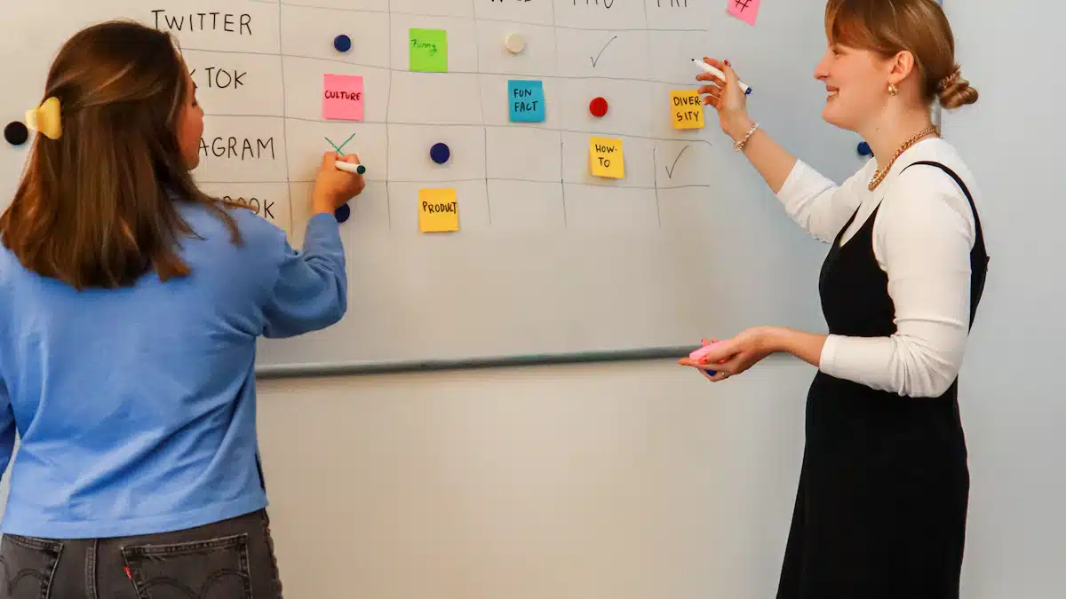 Branding: cómo construir una marca reconocible y diferenciada 4 Dos especialistas de marketing revisan una pizarra con notas de planificación