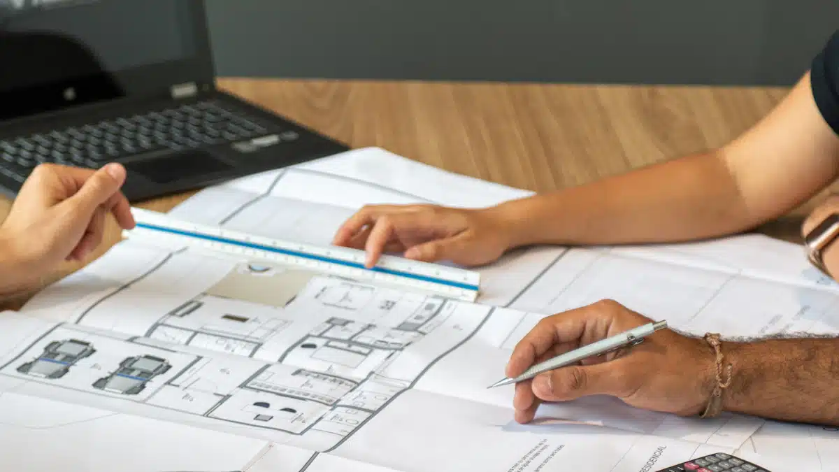 Oficina técnica: qué es, funciones y cómo gestionar proyectos 2 Dos profesionales revisan planos arquitectónicos y anotaciones sobre una mesa de trabajo