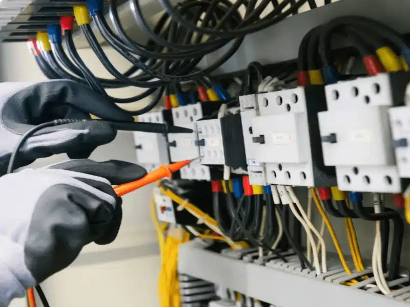 Electricista comprobando circuitos de un cuadro eléctrico con un multímetro profesional