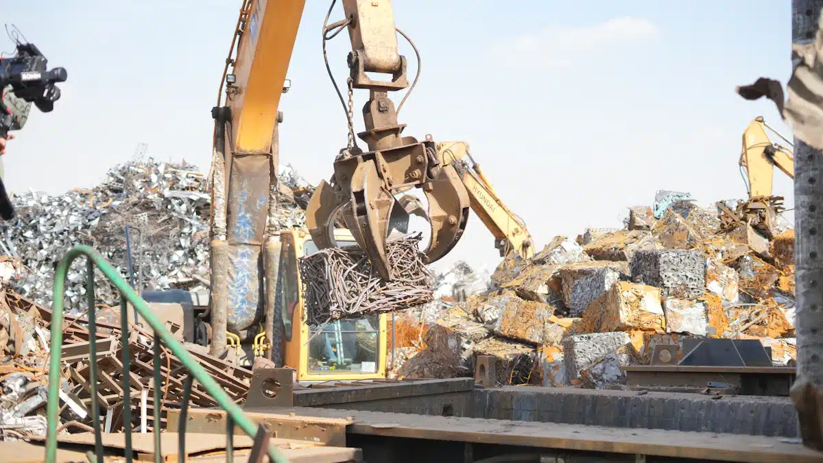 Economía circular: principios y ejemplos de aplicación en las empresas 4 Excavadora mueve chatarra metálica acumulada en un centro de recuperación
