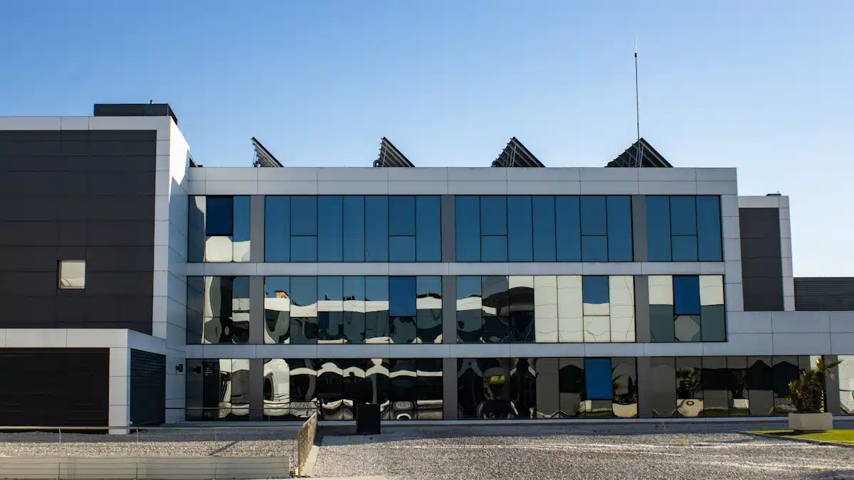 Fachada acristalada de edificio moderno representativa de sistemas de gestión técnica
