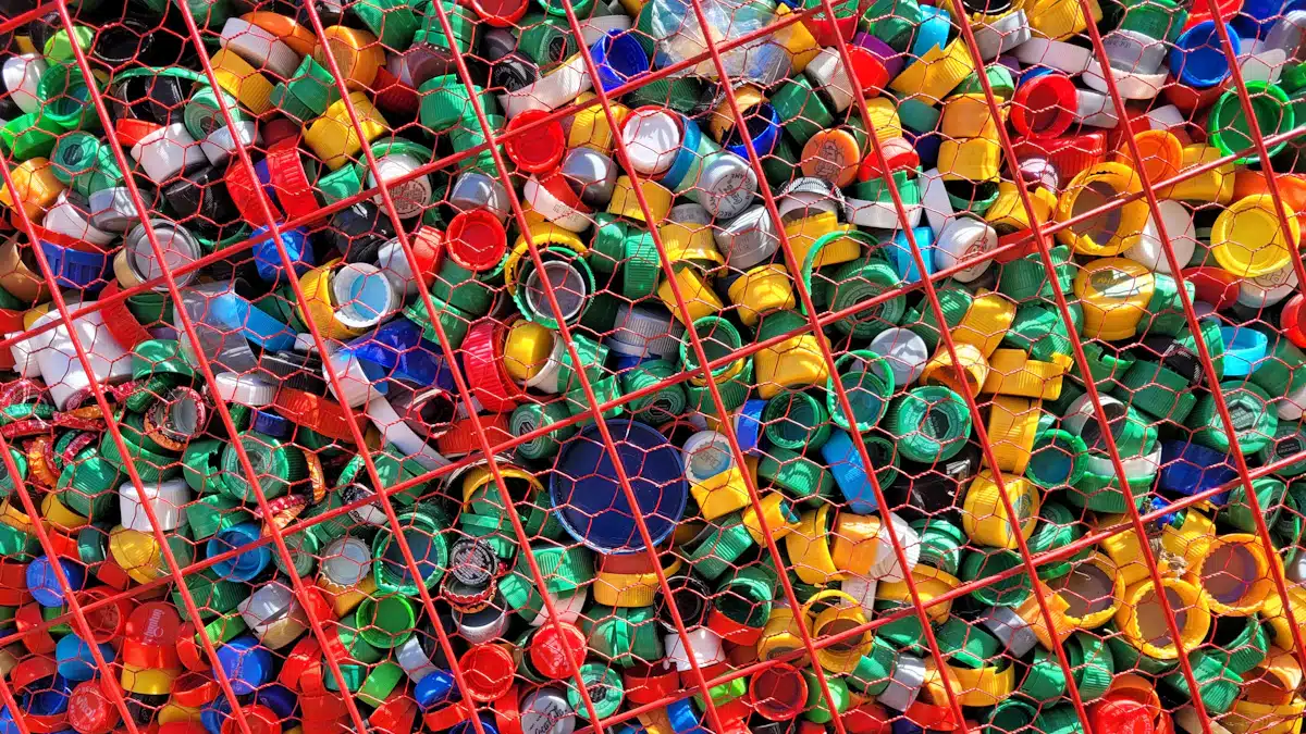 Tipos de plásticos: clasificación, propiedades y aplicaciones industriales 5 Gran cantidad de tapones plásticos recuperados y separados para su reciclaje