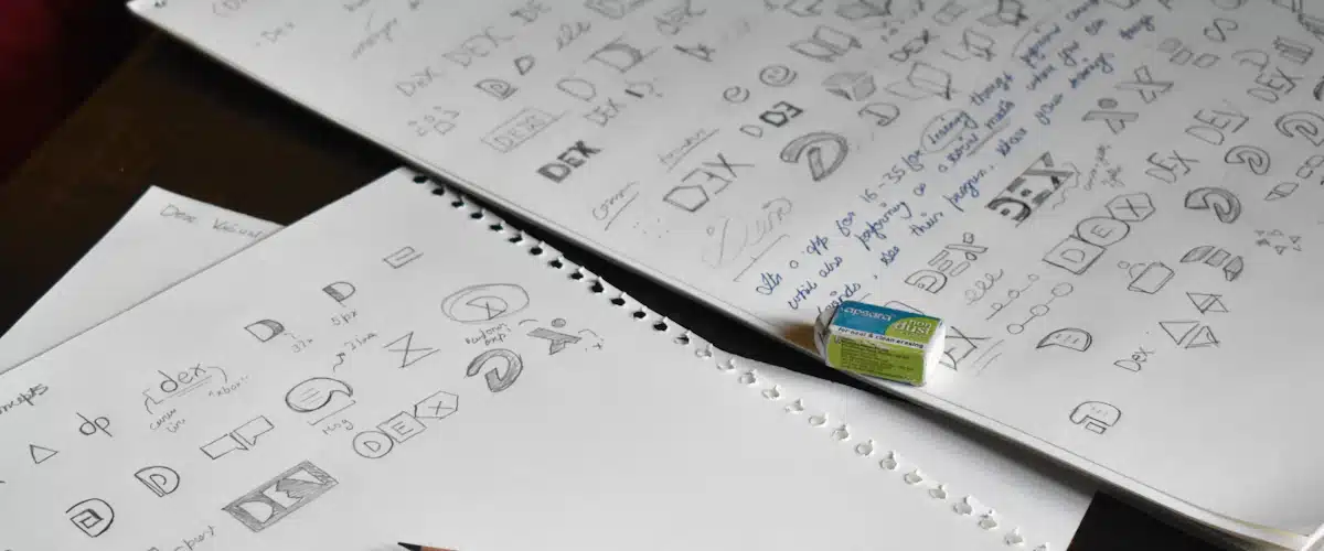 Identidad visual corporativa: elementos para construir una marca coherente 6 Mano dibujando formas de un logotipo sobre papel blanco con portaminas