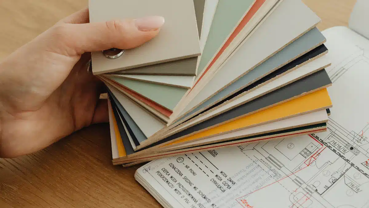 Branding: cómo construir una marca reconocible y diferenciada 2 Mano seleccionando muestras de color sobre planos y cuaderno de diseño