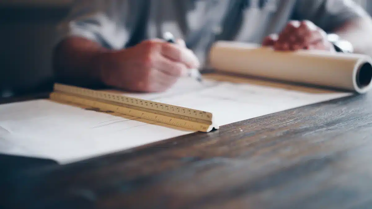 Maquetas de arquitectura: tipos, escalas y cómo hacerlas 4 Manos dibujando líneas técnicas sobre un plano de arquitectura con regla