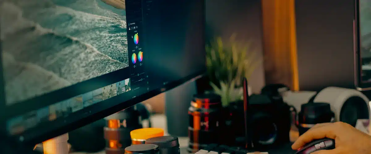 Producción audiovisual: fases, equipos y planificación de un proyecto 8 Manos trabajando en un teclado frente a un monitor de corrección de color