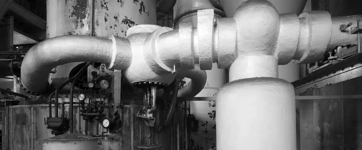 Producción industrial: cómo organizar y mejorar una fábrica 8 Máquinas y manómetros conectados a una red de tuberías industriales de gran tamaño