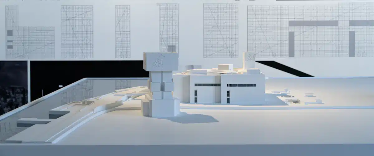 Maquetas de arquitectura: tipos, escalas y cómo hacerlas 8 Modelo físico de desarrollo urbano colocado delante de planos técnicos de edificios