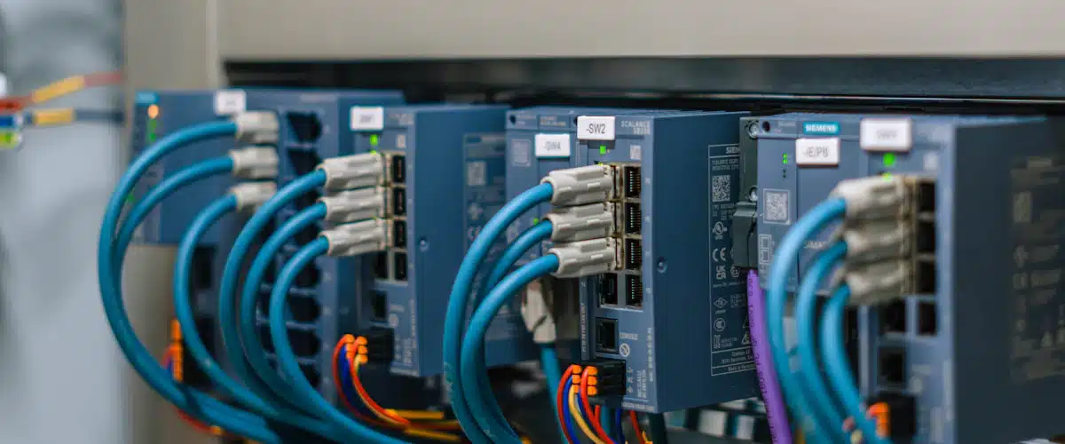 Módulos electrónicos y conexiones ordenadas en un panel de automatización
