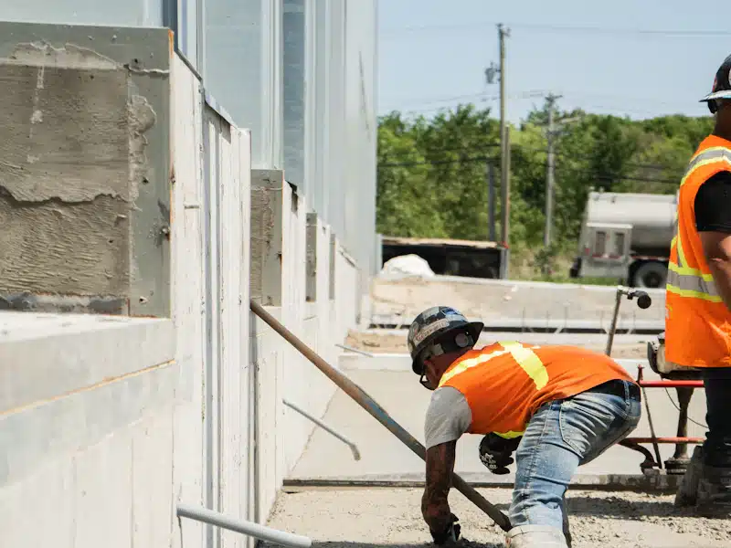Jefe de obra: funciones, requisitos y control de acabados 3 Operarios con chalecos de seguridad trabajan sobre una estructura de hormigón