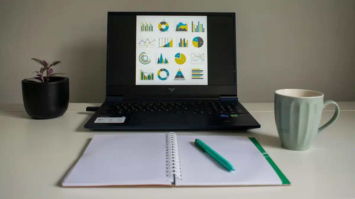 Branding: cómo construir una marca reconocible y diferenciada 5 Ordenador portátil con gráficos junto a un cuaderno y una taza