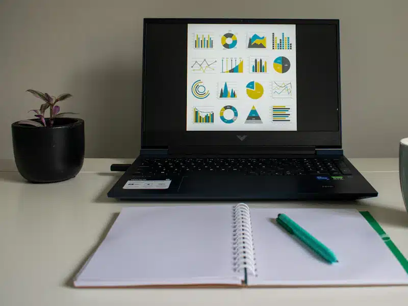 Inteligencia de negocio: cómo utilizar los datos para mejorar los resultados 3 Ordenador portátil con gráficos de resultados junto a cuaderno y taza