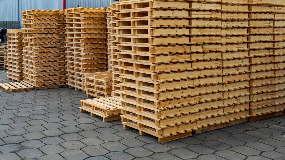 Economía circular: principios y ejemplos de aplicación en las empresas 5 Palés de madera almacenados para múltiples ciclos de uso logístico