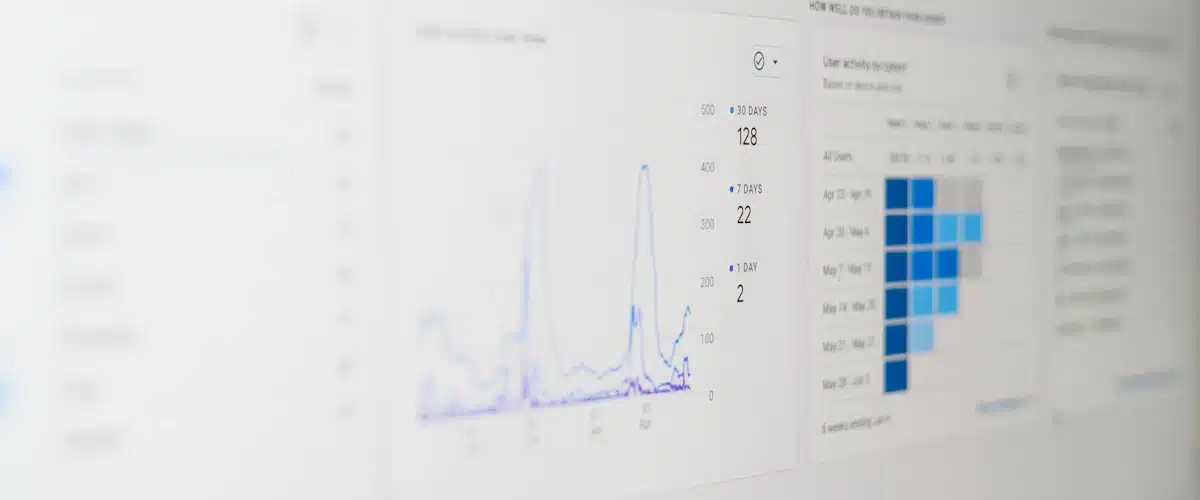Analítica web: cómo medir el rendimiento de una página web 6 Pantalla con panel de indicadores de marketing y evolución del tráfico