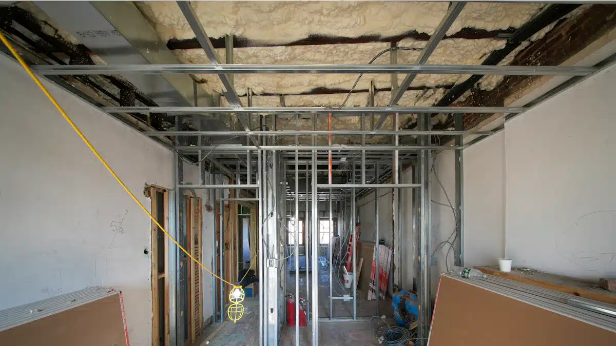 Jefe de obra: funciones, requisitos y control de acabados 9 Perfilería metálica y paneles de yeso en un interior en construcción