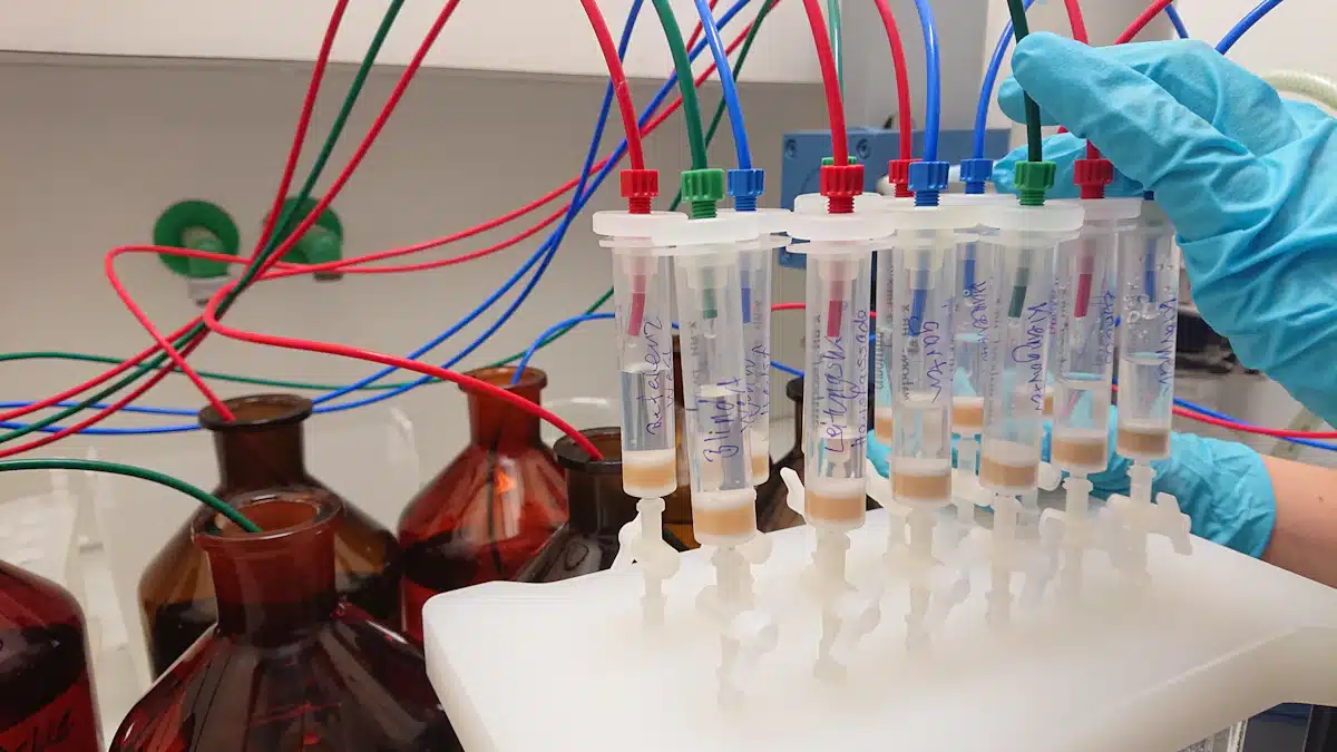 Seguridad alimentaria: controles y medidas para garantizar la calidad de los alimentos 5 Persona con guantes azules manipula material de laboratorio para analizar muestras