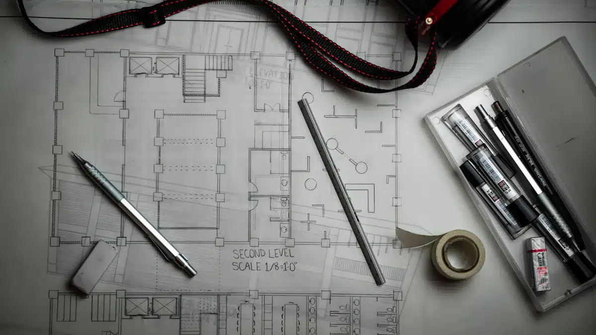 Oficina técnica: qué es, funciones y cómo gestionar proyectos 5 Planos de arquitectura con reglas metálicas y útiles de dibujo técnico