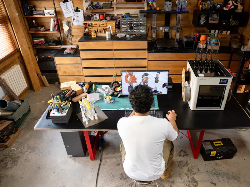 Fabricación aditiva: qué es la impresión 3D industrial y para qué se utiliza 3 Profesional revisando un diseño CAD junto a una impresora 3D en su mesa