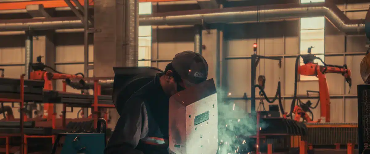 Economía circular: principios y ejemplos de aplicación en las empresas 7 Profesional suelda piezas metálicas en una instalación de producción industrial