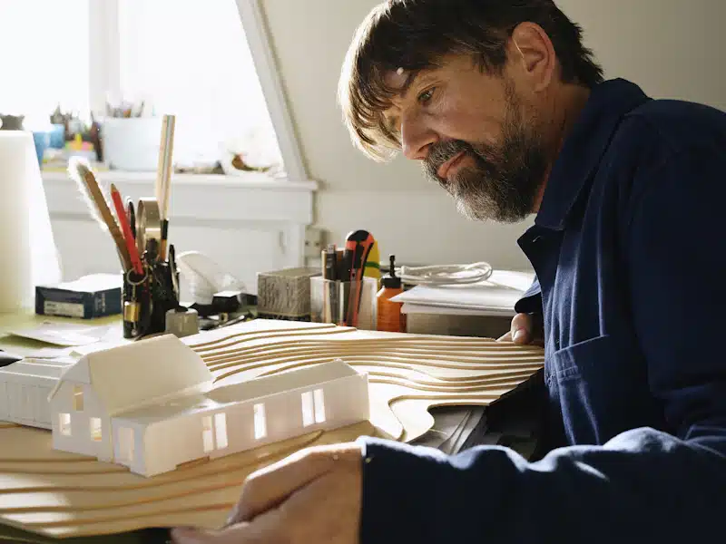 Maquetas de arquitectura: tipos, escalas y cómo hacerlas 3 Profesional trabajando junto a un modelo arquitectónico sobre una mesa de estudio