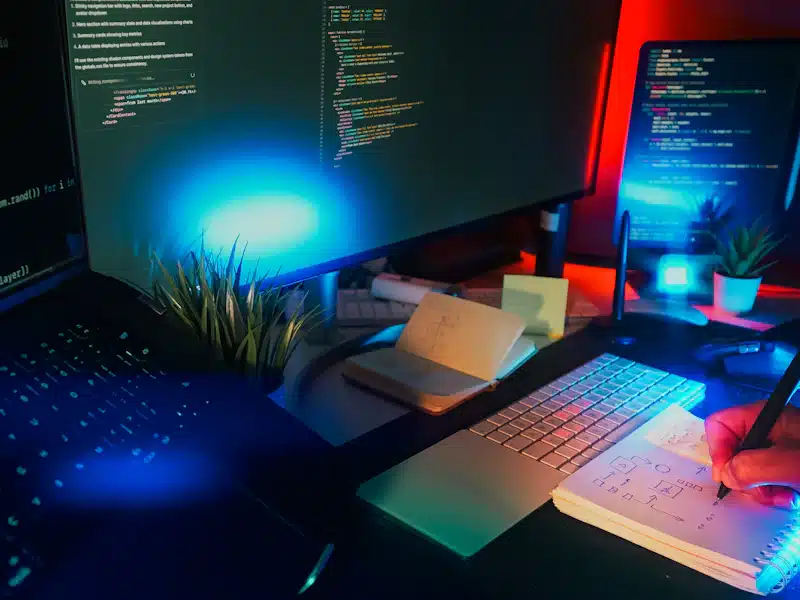 Virtualización: qué es, cómo funciona y sus ventajas para empresas 3 Puesto de trabajo con varios monitores y código de administración de sistemas