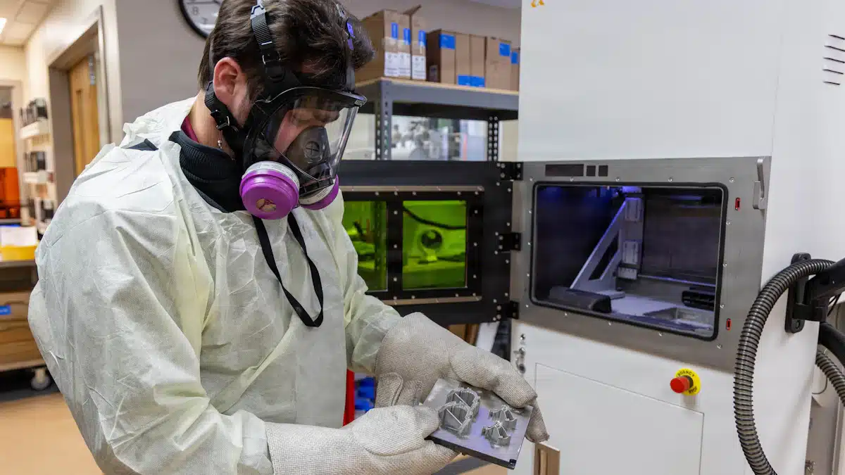 Fabricación aditiva: qué es la impresión 3D industrial y para qué se utiliza 9 Técnico con equipo de protección inspeccionando dispositivos médicos fabricados mediante impresión 3D