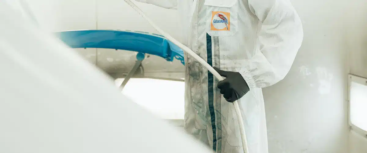 Chapa y pintura: 7 claves para un acabado perfecto 8 Técnico con indumentaria protectora trabajando en el pintado de un automóvil