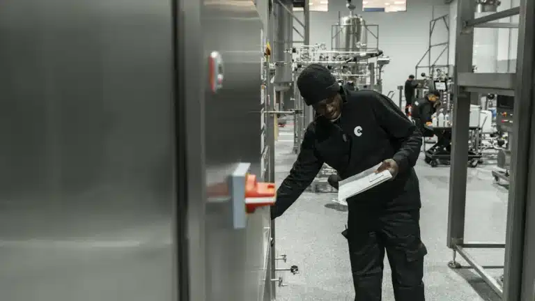 Técnico industrial revisa una máquina de producción durante una auditoría energética.