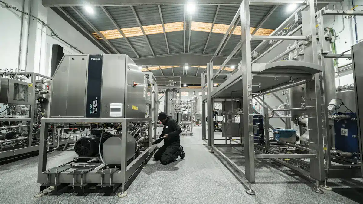 Técnico inspecciona maquinaria de filtración industrial en una instalación productiva