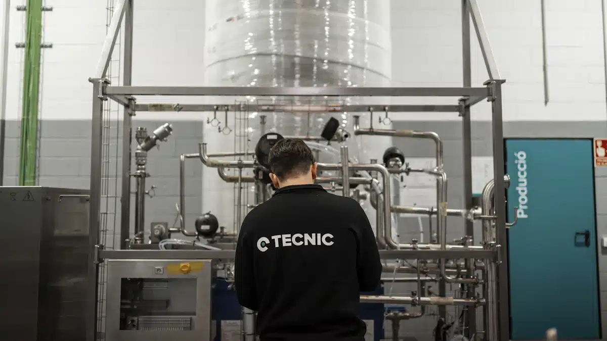 Seguridad alimentaria: controles y medidas para garantizar la calidad de los alimentos 4 Técnico inspecciona un equipo industrial de acero inoxidable en una instalación