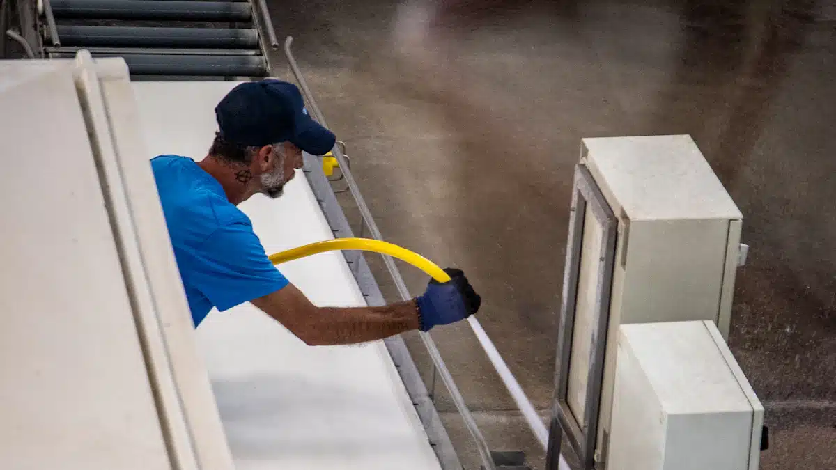 Trabajador realiza tareas de limpieza preventiva en una cinta industrial