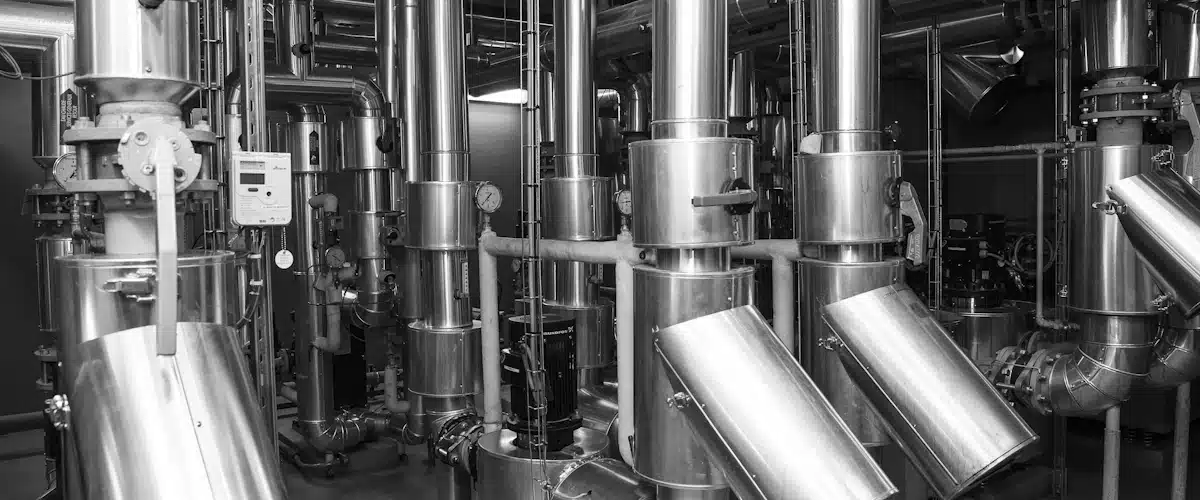 Producción industrial: cómo organizar y mejorar una fábrica 6 Tuberías metálicas y maquinaria de proceso instaladas en el interior de una fábrica